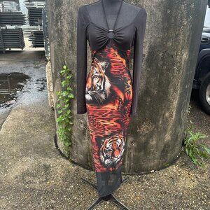 Sheer Mesh Tiger Print Maxi Dress Womens 6 Animal Print Clubwear Rave